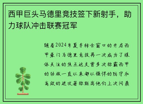 西甲巨头马德里竞技签下新射手，助力球队冲击联赛冠军