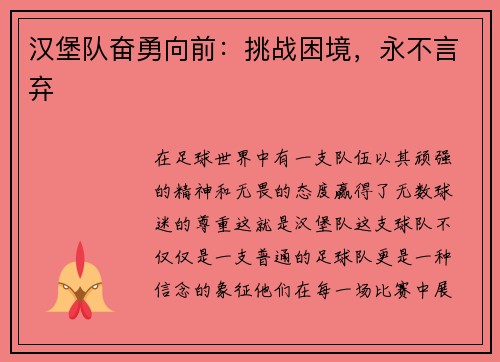 汉堡队奋勇向前：挑战困境，永不言弃