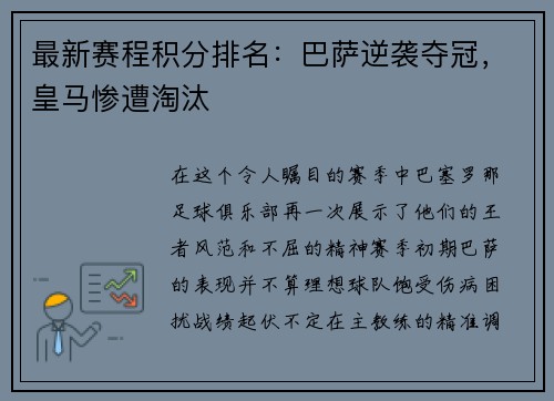 最新赛程积分排名：巴萨逆袭夺冠，皇马惨遭淘汰