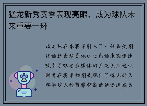 猛龙新秀赛季表现亮眼，成为球队未来重要一环